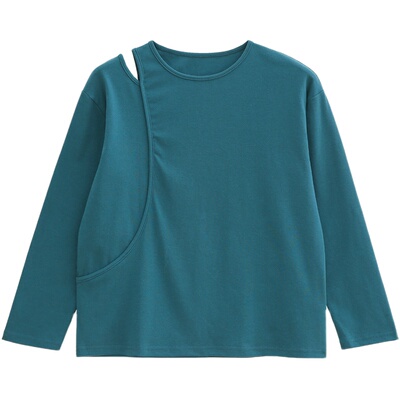 露肩开叉长袖纯棉女T恤