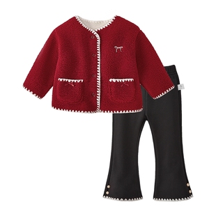 [抑菌锁温]女童秋套装大童秋冬加绒衣服女宝宝红色洋气小公主冬装