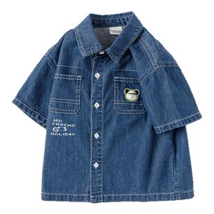 巴拉巴拉男童短袖衬衫儿童纯棉牛仔外套男童夏装宽松上衣印花潮流