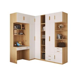 实木L型90度转角衣柜家用卧室书桌一体小户型定制7字拐角衣橱组合