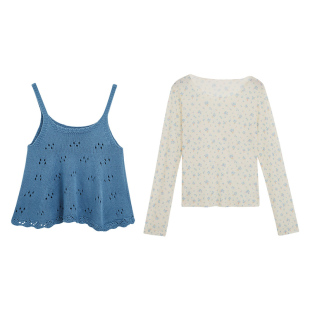 欧尼不胖2026新款早春韩系chic套装女大码吊带碎花长袖t恤两件套