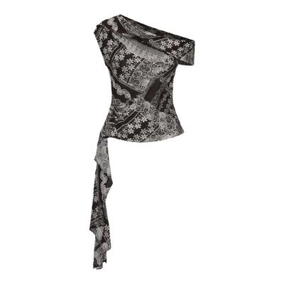 IFBYLAND蕾丝印花斜肩短袖罩衫