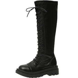 长筒靴女骑士靴秋冬系带厚底女鞋高筒瘦瘦靴白色小个子不过膝长靴