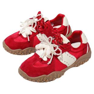 星期六童鞋女童内增高德训鞋2025新款拼色珍珠蕾丝鞋带运动休闲鞋