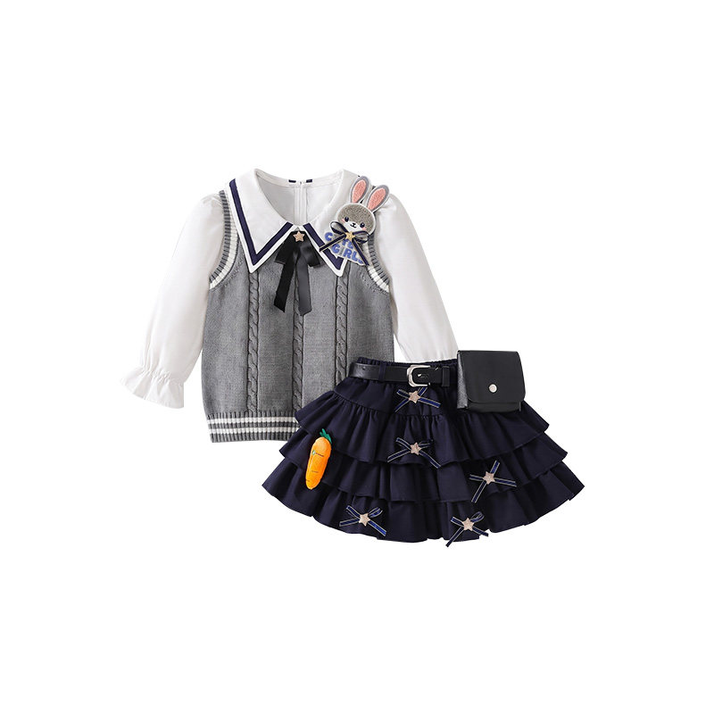 女童秋季新款背心毛衣三件套装jk学院风兔子警官儿童裙子生日衣服