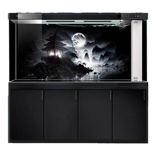 鱼缸背景画高清定制龙鱼蝴蝶鲤黑色山水月光流水生财背景纸贴图