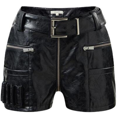 【MARKGONG】女装设计感休闲流行独特时尚拉链装饰仿皮工装短裤女