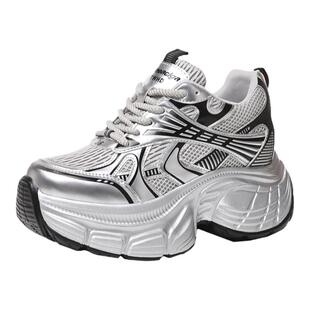 欧货老爹鞋女超火2026春秋加绒爆款厚底内增高8CM银色运动休闲鞋