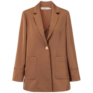 HUI卉特调醋酸缎光泽感正肩亦栗色一粒扣通勤直筒西装外套亲肤