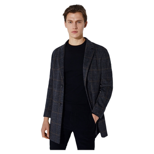 德鲨秋季新款羊毛呢大衣男时尚中长款格纹休闲男装外套