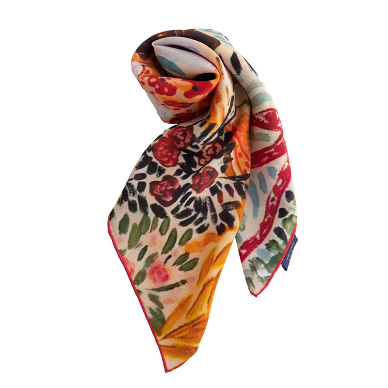 玫瑰守护~桑蚕丝丝巾画丝绸披肩真丝65方巾手工卷边颈饰领巾围巾