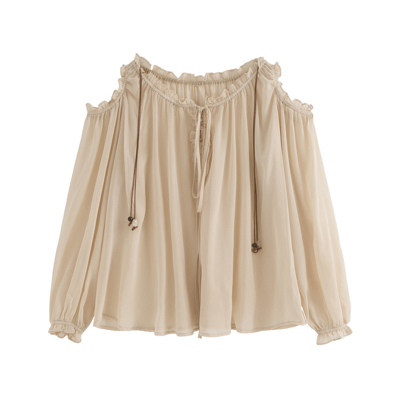 AZure温柔风雪纺衫奶杏色绑带可露肩上衣气质小性感法式长袖罩衫