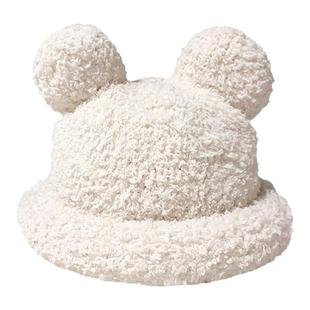 网红双球米奇毛绒帽子女冬季帽抗严寒小熊耳朵渔夫帽学生保暖盆帽