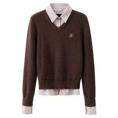 夕蒙2025新款冬季韩系针织衫独特小众小个子套头咖色假两件毛衣女