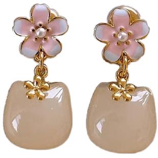 新中式粉色珍珠花朵玉石猫咪耳钉女2026新款爆款流苏耳环国风耳饰