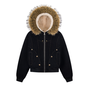 SREK毛领加厚棉服男女情侣款冬季座山雕外套宽松加厚短款夹克上衣