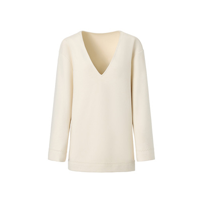 LEDIM WANG黑标/浮雕立体梗V领T恤女26春季新款迪木尔风长袖上衣