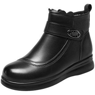 意尔康女鞋2025冬季真皮法式中老年妈妈棉鞋羊皮加绒短靴女士皮鞋