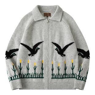 Cycle Document  100%纯羊毛/ 复古翻领粗针提花加厚开衫毛衣女