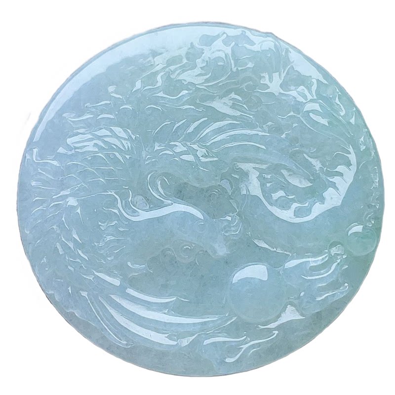 天然翡翠冰种凤凰圆牌吊坠淡绿