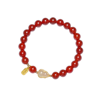 普陀山天然红玛瑙手串女款和田玉葫芦金福牌吊坠手链女士闺蜜礼物