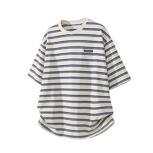 男士美式休闲短袖t恤衫米色条纹上衣男款夏纯棉衣服2026新款潮牌