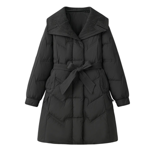 2025年新款女装冬季修身收腰中长款羽绒服女黑色显瘦翻领外套系带