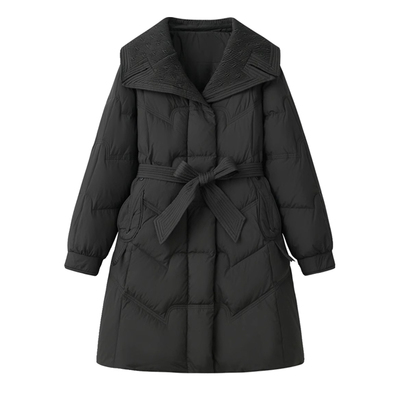 2025年新款女装冬季修身收腰中长款羽绒服女黑色显瘦翻领外套系带