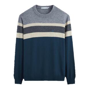 金利来男士毛衣含羊毛一体成衣撞色拼接条纹圆领男商务休闲针织衫