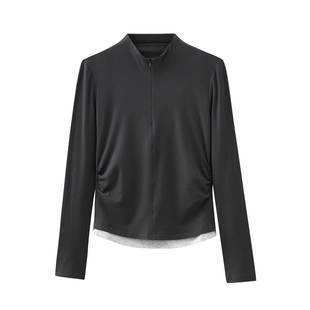 水云间深灰色假两件长袖上衣女短款毛针织衫内搭修身显瘦正肩2026