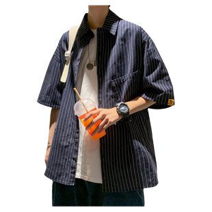 夏季新款条纹衬衫男宽松潮流五分袖衬衣ins韩版港风休闲短袖寸衫