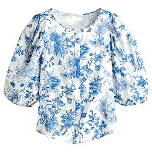 HM女装衬衫夏季松驰感亚麻混纺通勤泡泡袖印花麻质衬衫1256527