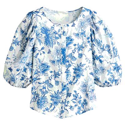 HM女装衬衫夏季松驰感亚麻混纺通勤泡泡袖印花麻质衬衫1256527