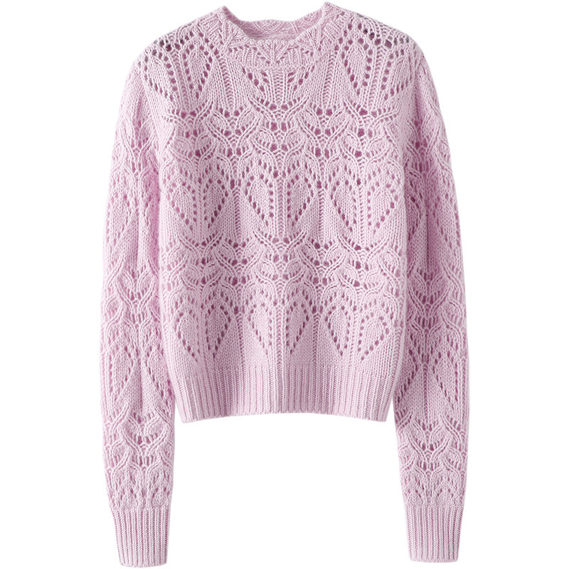 优雅~重工镂空钩花内搭外穿山羊绒衫女圆领纯羊绒毛衣针织衫秋冬