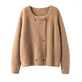 北美小动物毛毛 2025年秋冬双排扣针织开衫 宽松 保暖外套女