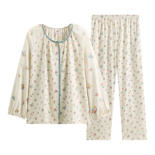 芬腾女士睡衣春秋季纯棉印花长袖套装时尚休闲宽松大码家居服春天