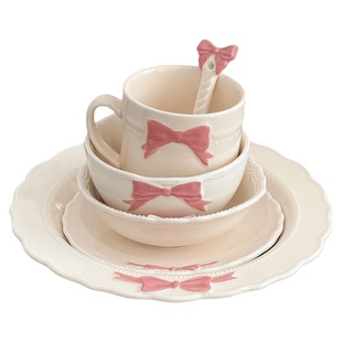 ins蝴蝶结陶瓷餐具碗碟套装家用饭碗汤碗高颜值甜品早餐盘咖啡杯