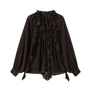 AXIA 法式木耳边长袖衬衫女2026春季新款独特洋气小衫灯笼袖上衣