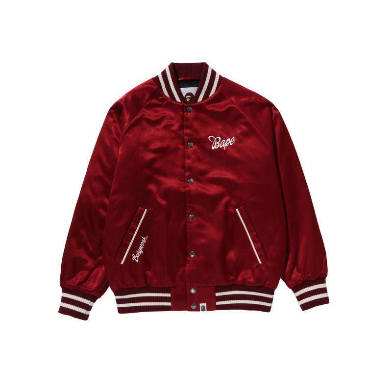 字母刺绣缎面棒球外套夹克BAPE
