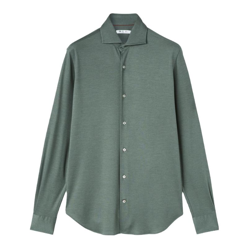 Loro Piana/诺悠翩雅男装灰绿色羊绒和丝绸针织尖领长袖衬衫