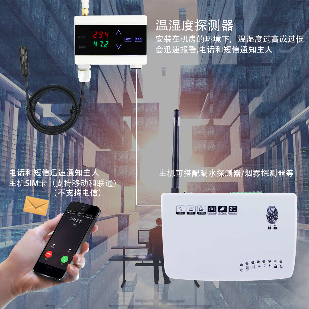 soan4G机房温湿度报警器超高低温报警漏水停电断电电话短信通知