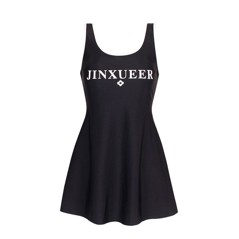 JINXUEER金雪儿小黑裙连体式三角游泳衣显瘦修身遮肚胸聚拢沙滩装