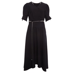 【清仓价】Dekashell/迪卡轩夏知性温柔连衣裙V领黑色收腰中长女