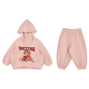 大耳象女童连帽印花卫衣运动裤冬季新款宝儿加绒保暖休闲厚套装