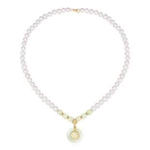 生日礼物实用送妈妈珍珠项链女款颈链正品和田玉平安扣福字银吊坠