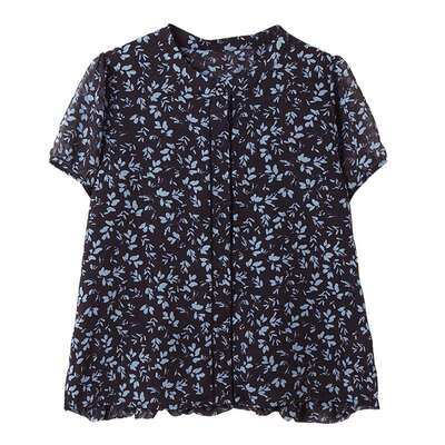 宝诗黎圆领印花短袖雪纺衫