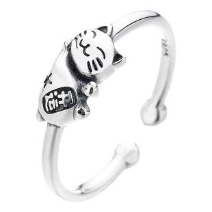 S925纯银招财猫戒指女款2026款轻奢小众食指戒素圈指环个性开口戒