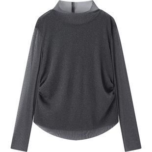 爱居兔微透亮丝网纱轻薄打底衫女2025年秋季新款半高领显瘦针织衫