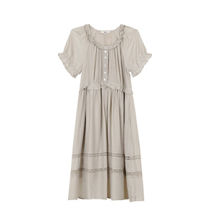 TALASA商场同款丝棉连衣裙2026年夏新款复古花边拼接设计荷叶边裙