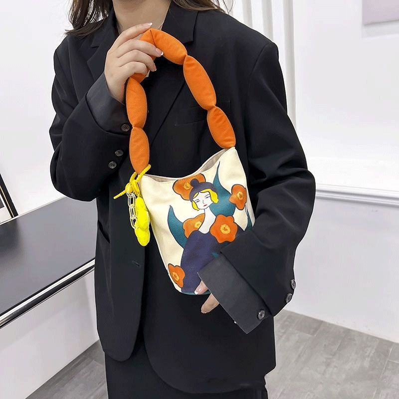 新款帆布手提包小众设计手提袋韩版腋下包女水桶包学生手拎小布包